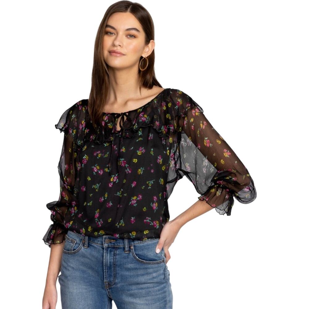 Johnny Was Jade Fernanda Silk Peasant Romantic Sheer Floral Ruffle Blouse Size L - Picture 1 of 14